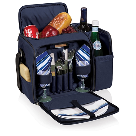 Picnic Time Malibu Picnic Tote - Navy with Blue and Grey Stripe