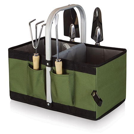 Picnic Time Garden Caddy Collapsible Basket with Tools - Olive Green and Black