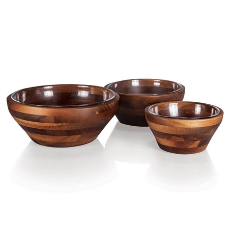 Picnic Time 967-00-506-000-9 Carovana Nested Set of Three Wood Bowls with Three Glass Bowl Inserts - Acacia