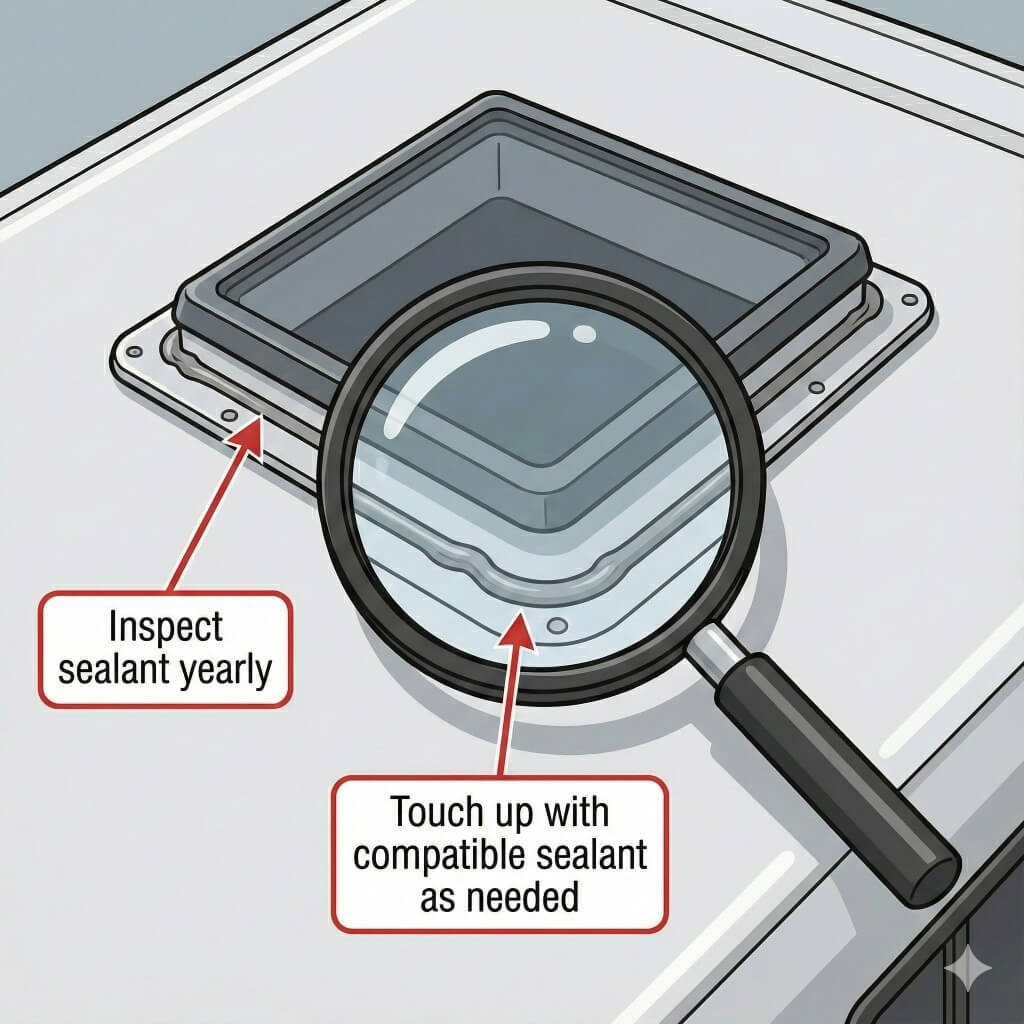 Roof view of RV vent with focus on inspecting sealant around the flange and hardware