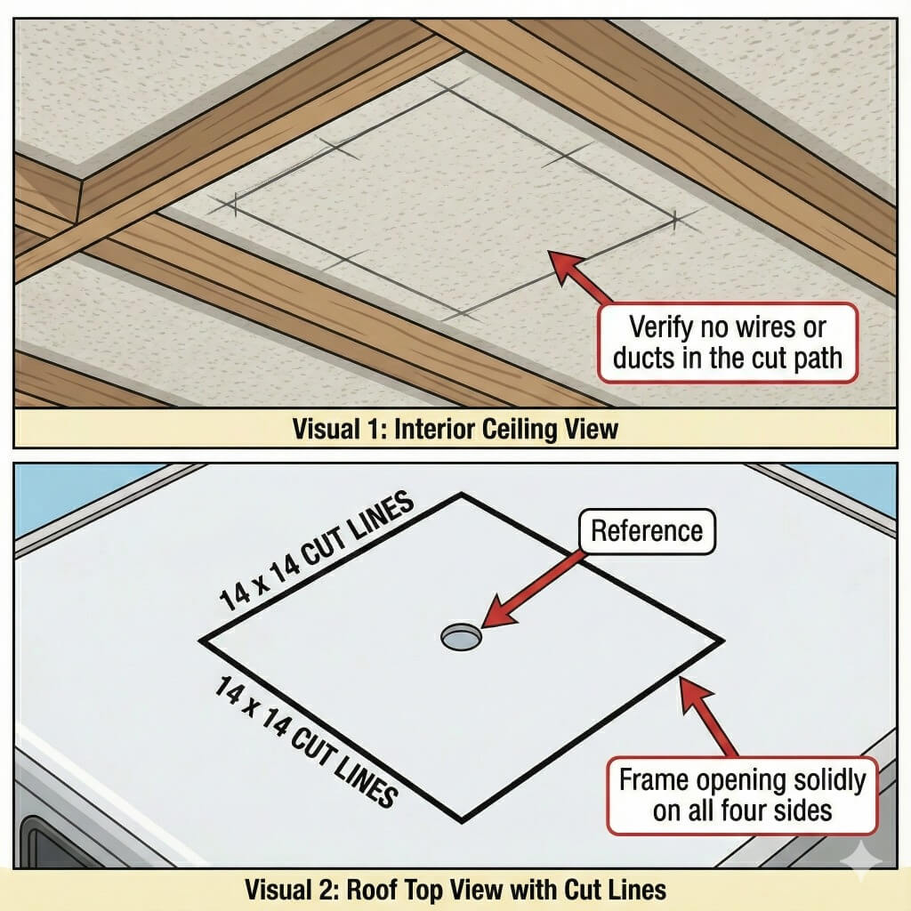 Layout for cutting a new 14x14 opening in an RV roof and framing it for a new vent