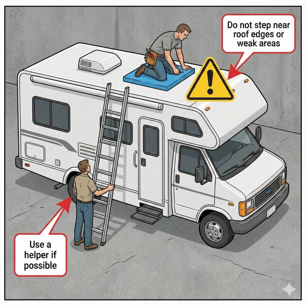 Side view of RV with proper ladder setup and safe working posture on the roof