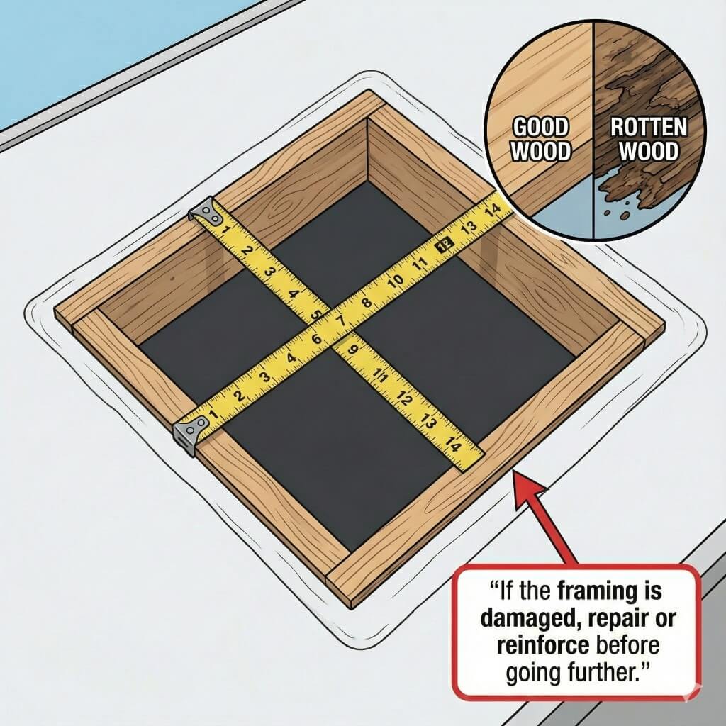 Top view of RV roof vent opening with framing, measurements, and inspection points