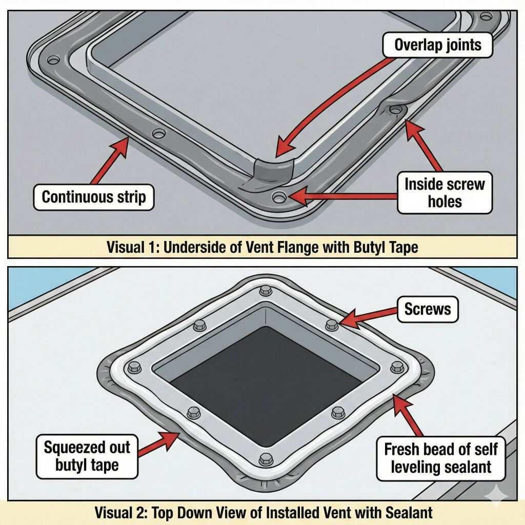 RV roof vent flange installed with butyl tape and self leveling sealant around the edge and over screw heads