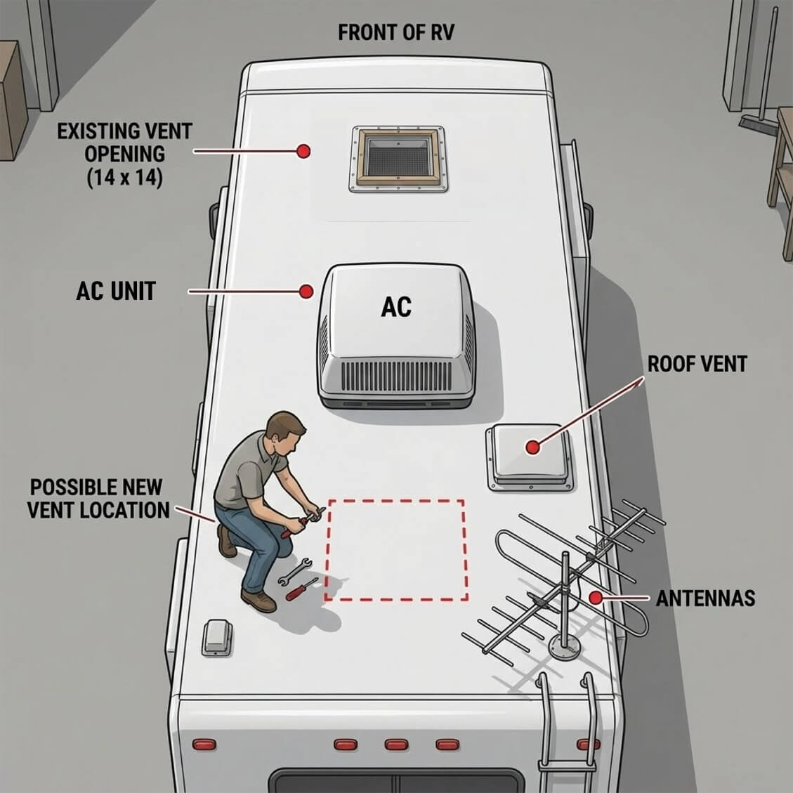 Top down view of an RV roof showing typical roof vent locations and potential new vent locations