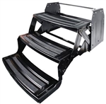 Lippert 432690 Hickory Triple RV Entry Steps in black powder-coat finish, 24-inch wide treads, 9-inch drop, folding steel construction with non-slip grooves.