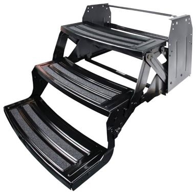 Lippert 432690 Hickory Triple RV Entry Steps in black powder-coat finish, 24-inch wide treads, 9-inch drop, folding steel construction with non-slip grooves.