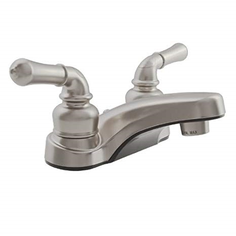 Easy Installation and 5th Wheels Travel Trailers Motorhomes Dura Faucet RV Bathroom Faucet with Classic Spout and Teapot-Style Two Lever Operation for Recreational Vehicles Brushed Satin Nickel 