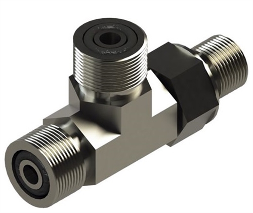 Lippert 141087 Brennan 1/4 inch hydraulic run tee fitting for LCI Level Up leveling systems, high-pressure steel with carbon-zinc coating, FS6804-04-04-04