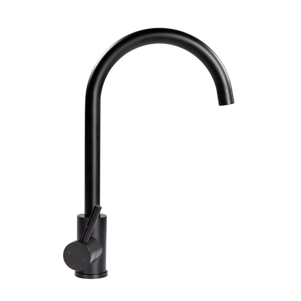 Lippert 2021090601 Flow Max Curved Gooseneck RV Kitchen Faucet in Black Matte finish with single-handle operation and arched spout