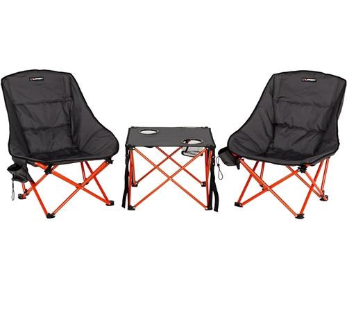Lippert 2023053719 Baja Overlanding 3-Piece Chair and Table Set in dark gray and red with two scoop-style chairs and folding table with cupholders