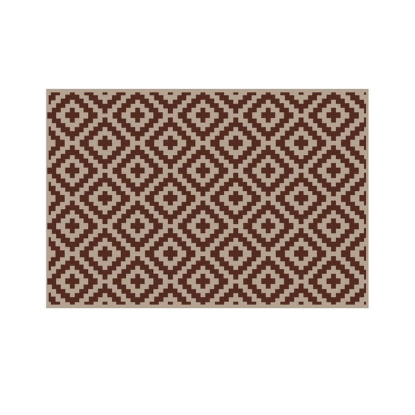 Lippert 2024048081 all-weather reversible RV patio mat, 8 x 12 ft, brown and tan polypropylene, shown laid flat outdoors at campsite