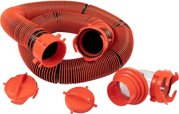Lippert 2024121180 20-foot RV sewer hose kit with 25 mil orange hose, clear elbow fitting, and storage caps on white background.