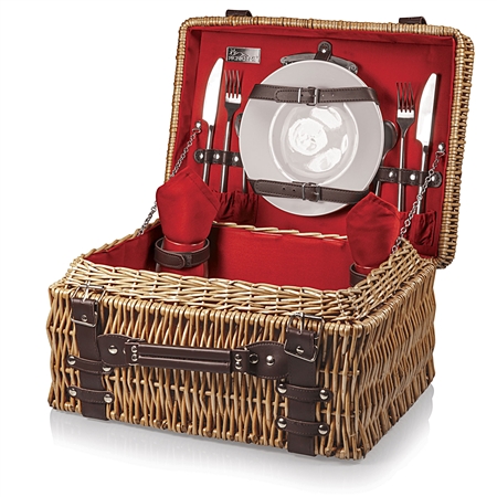 Picnic Time Champion Picnic Basket - Red Lining and Napkins; Dark Brown Leatherette Straps