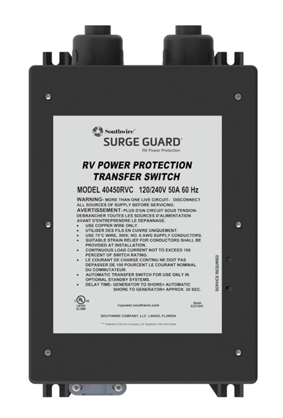 Southwire 40450RVC3 50 Amp 120/240V RV Automatic Transfer Switch with Surge Guard Protection