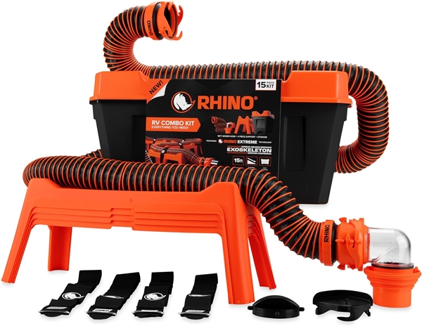 Camco 43076 Rhino RV Sewer Combo Kit with 15ft RhinoEXTREME Hose, Bayonet Fittings, Swivel Elbow, 4-in-1 Adapter