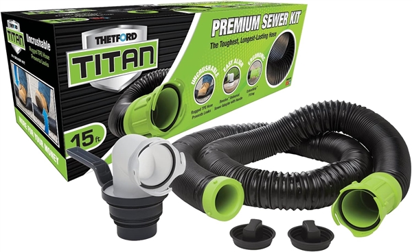 Thetford 50329 Titan 15-Ft Premium RV Sewer Hose Kit, TPE, ExtendGrip Bayonet, Revolve 5-in-1 Adapter