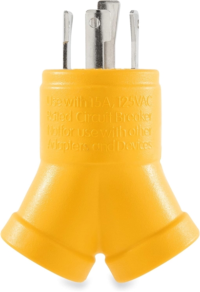 Camco 55438 Power Grip 4-Prong Generator Adapter, 30A Male to Dual 15A Female, 125V