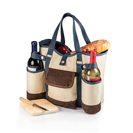 Picnic Time Wine Country Tote - Tan with Blue and Brown Trim
