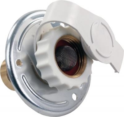 JR Products 62175 RV City Water Flange, Aluminum, Lead-Free Brass Check Valve, 1/2" FPT x 3/4" Hose Fitting