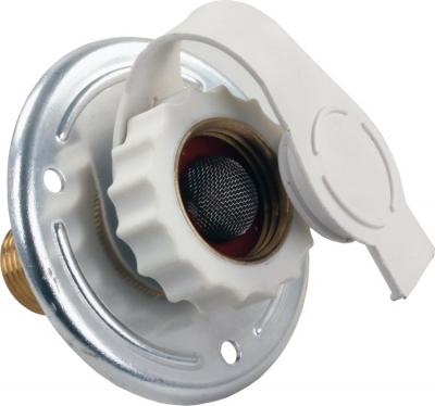 JR Products 62185 RV City Water Flange, Aluminum, Lead-Free Brass Check Valve, 1/2" MPT x 3/4" Hose Fitting