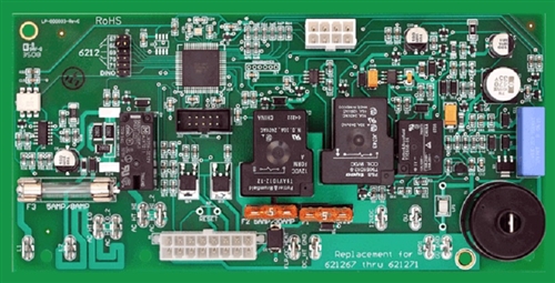 Dinosaur Electronics DIN6212XX Norcold RV Refrigerator Replacement Power Supply Control Board with labeled connectors and jumper settings