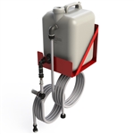 Flow-Rite BA-MS-702 5-gallon gravity water tank with steel shelf mounting bracket, designed for wall or shelf installation in RVs and off-grid applications.