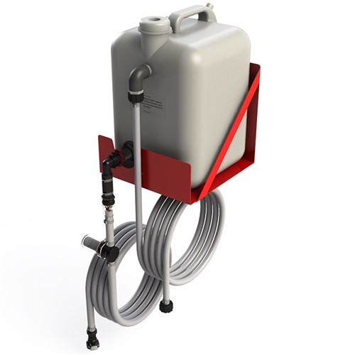 Flow-Rite BA-MS-702 5-gallon gravity water tank with steel shelf mounting bracket, designed for wall or shelf installation in RVs and off-grid applications.