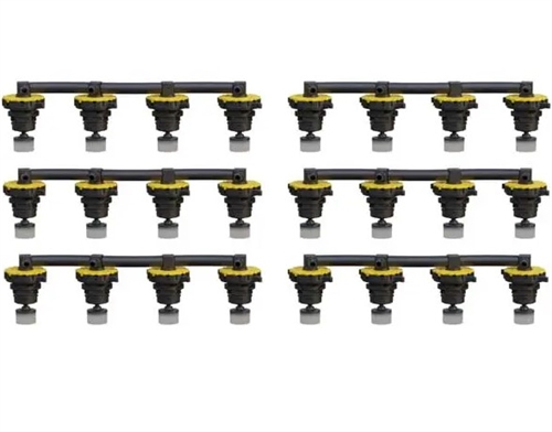 Flow-Rite BG-U48V-6G-WS Pro-Fill battery watering system for six 8V batteries with automatic shut-off valves, interconnecting tubing, and hand pump included.