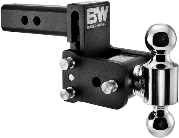 B&W Hitches TS10035B Class IV dual ball mount with 1-7/8 inch and 2 inch trailer balls installed on a black steel shank