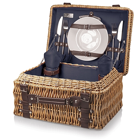 Picnic Time Champion Picnic Basket - Navy Lining and Napkins; Dark Brown Leatherette Straps